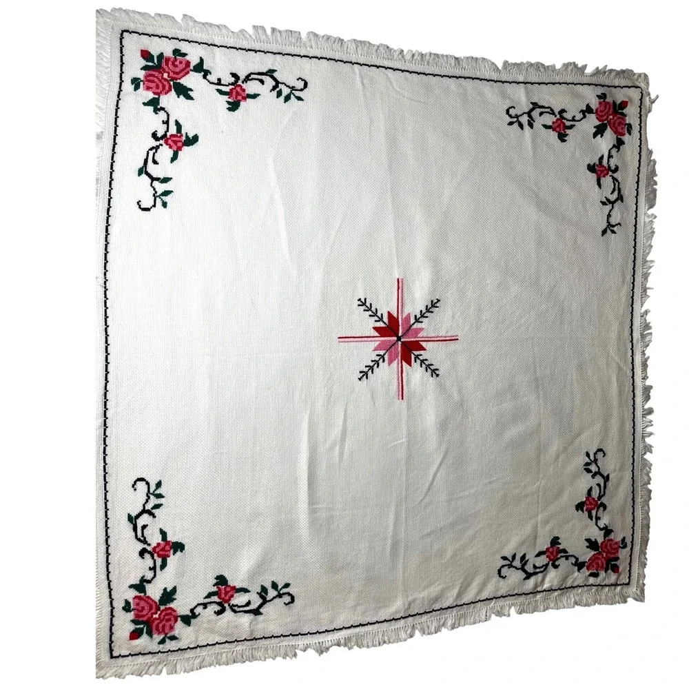 Vtg cross stitch square Table Topper embroidered floral pink red Star fringe